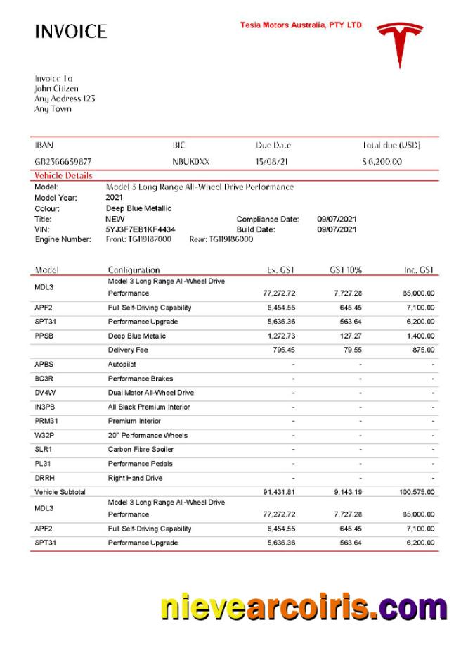 USA Tesla invoice